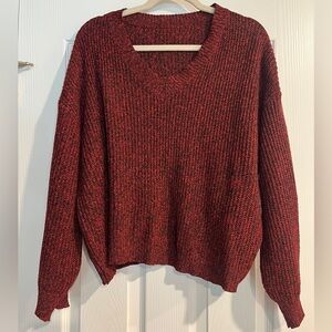 Red V-Neck Sweater Chunky Knit Pullover